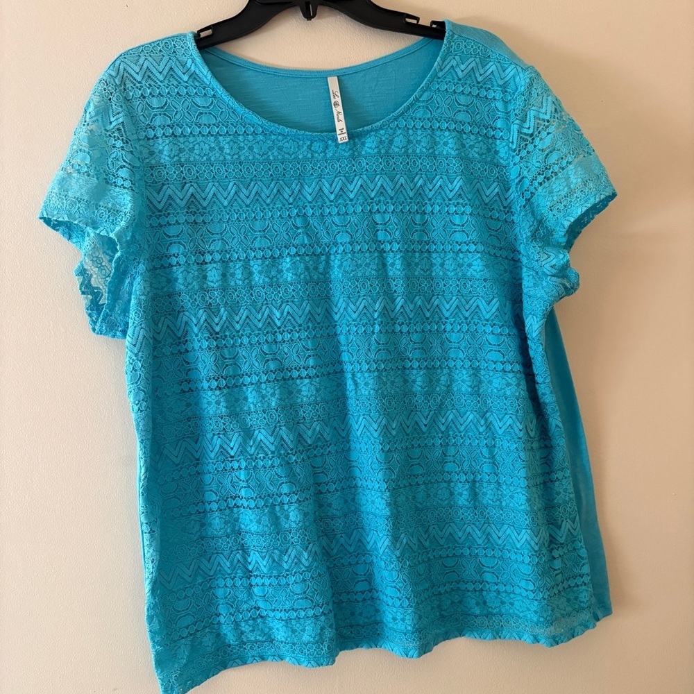 Leo & Nicole Women’s Turquoise Lace Overlay Short Sleeve Top Size XXL 2X